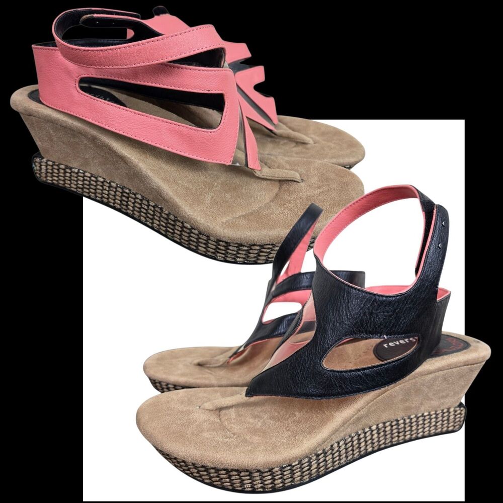 Modzori Reversibles Zoey I Coral Flips to Black Wedge Sandals Sz 8 Thong